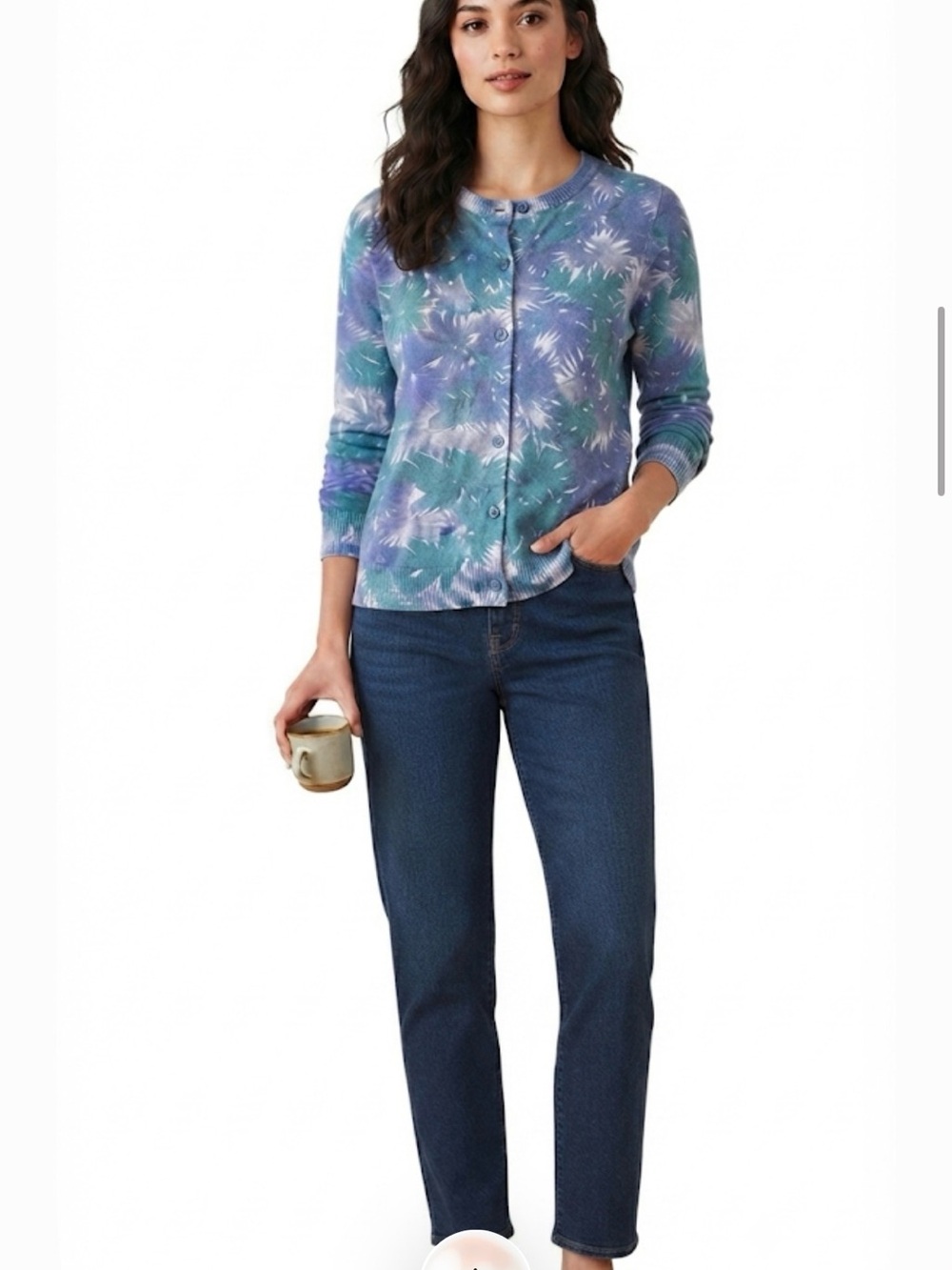 L.L. Bean Blue & Teal Floral Cotton Button-Down Cardigan Sweater Size Small